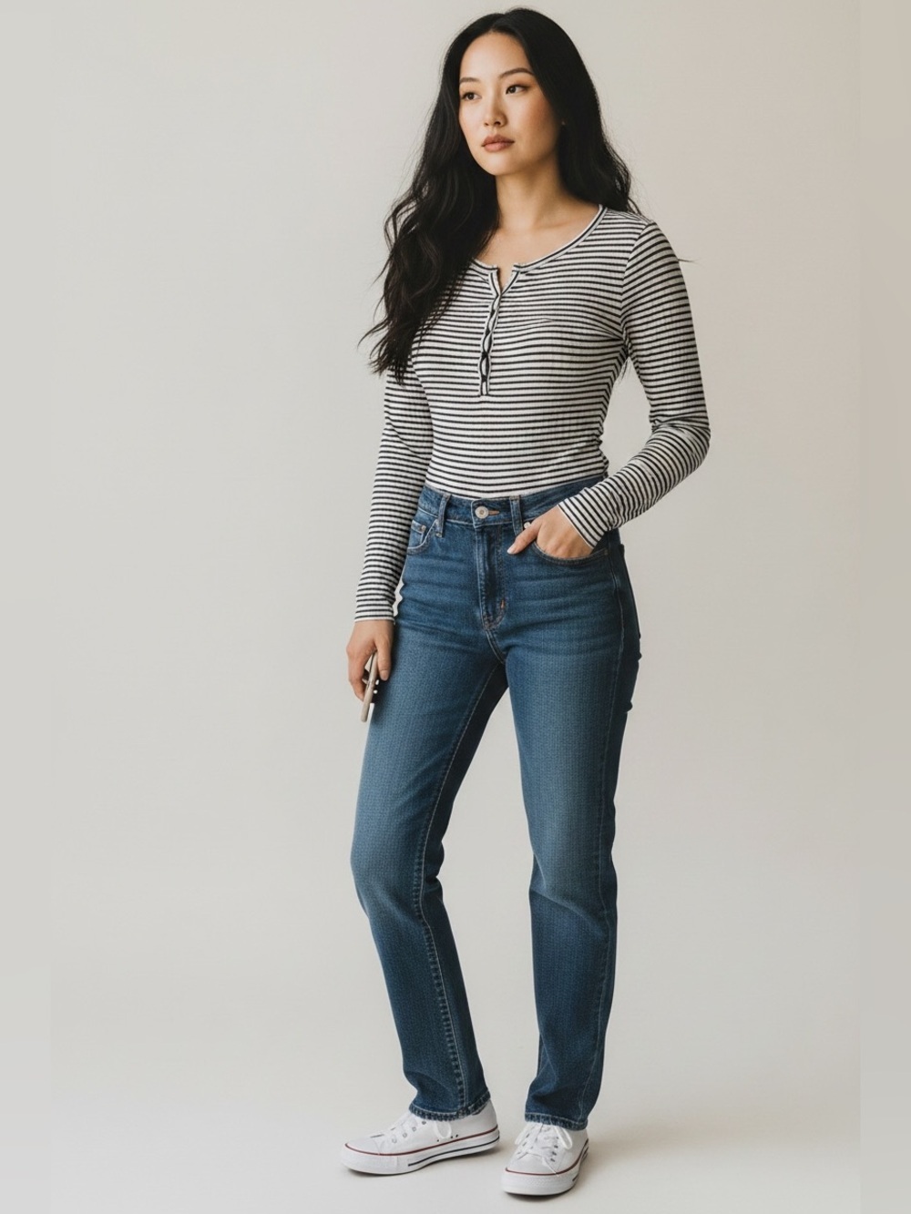 Charming Charlie Black & White Striped Long-Sleeve Henley Bodysuit